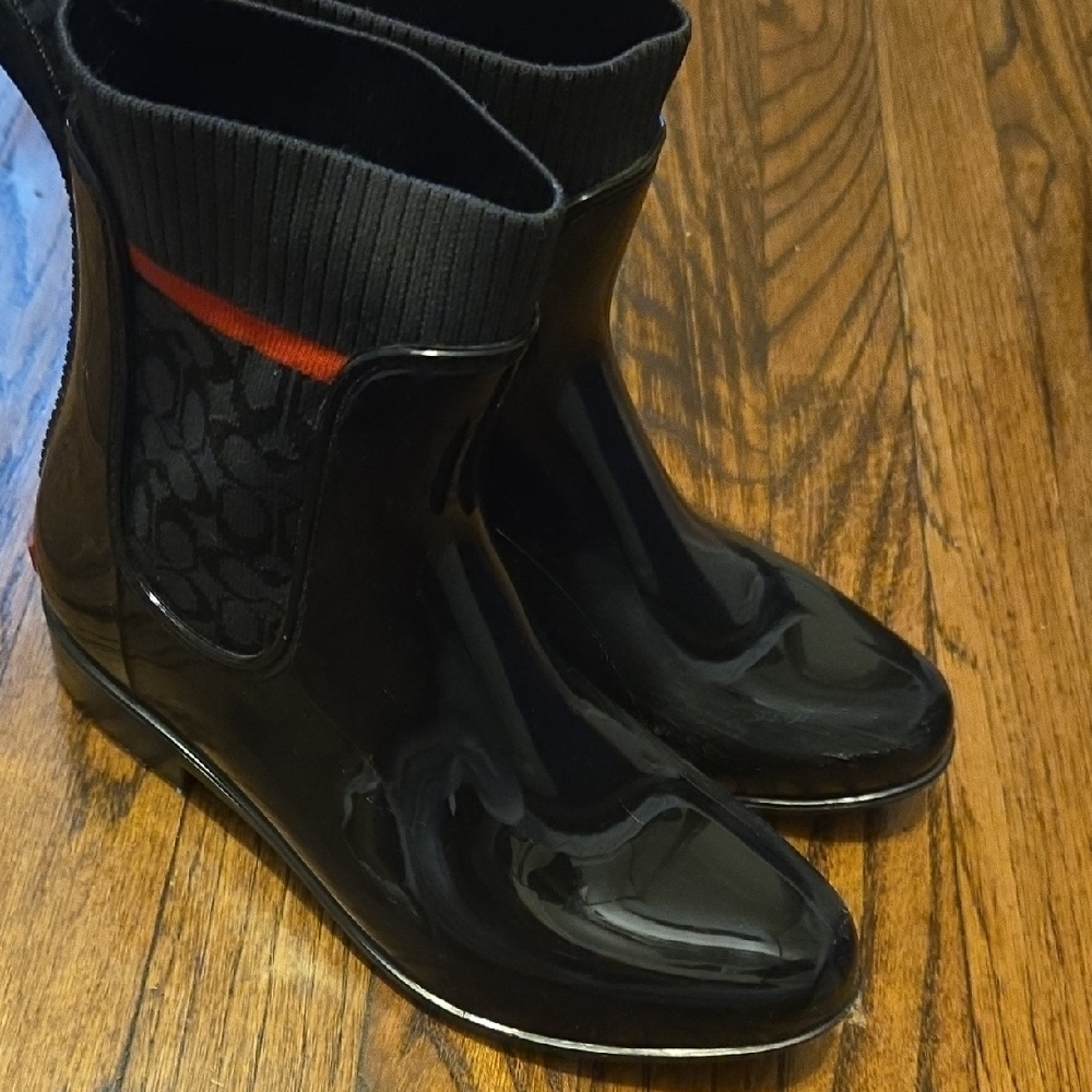 Coach Black Glossy Boots with Red Accent